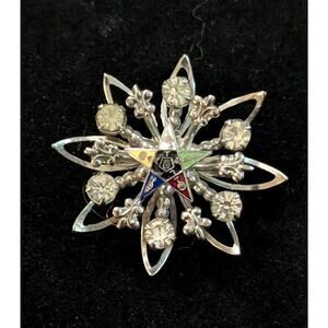 Vintage Order Eastern Star OES Masonic Brooch Pin Rhinestone Enamel Silver Tone
